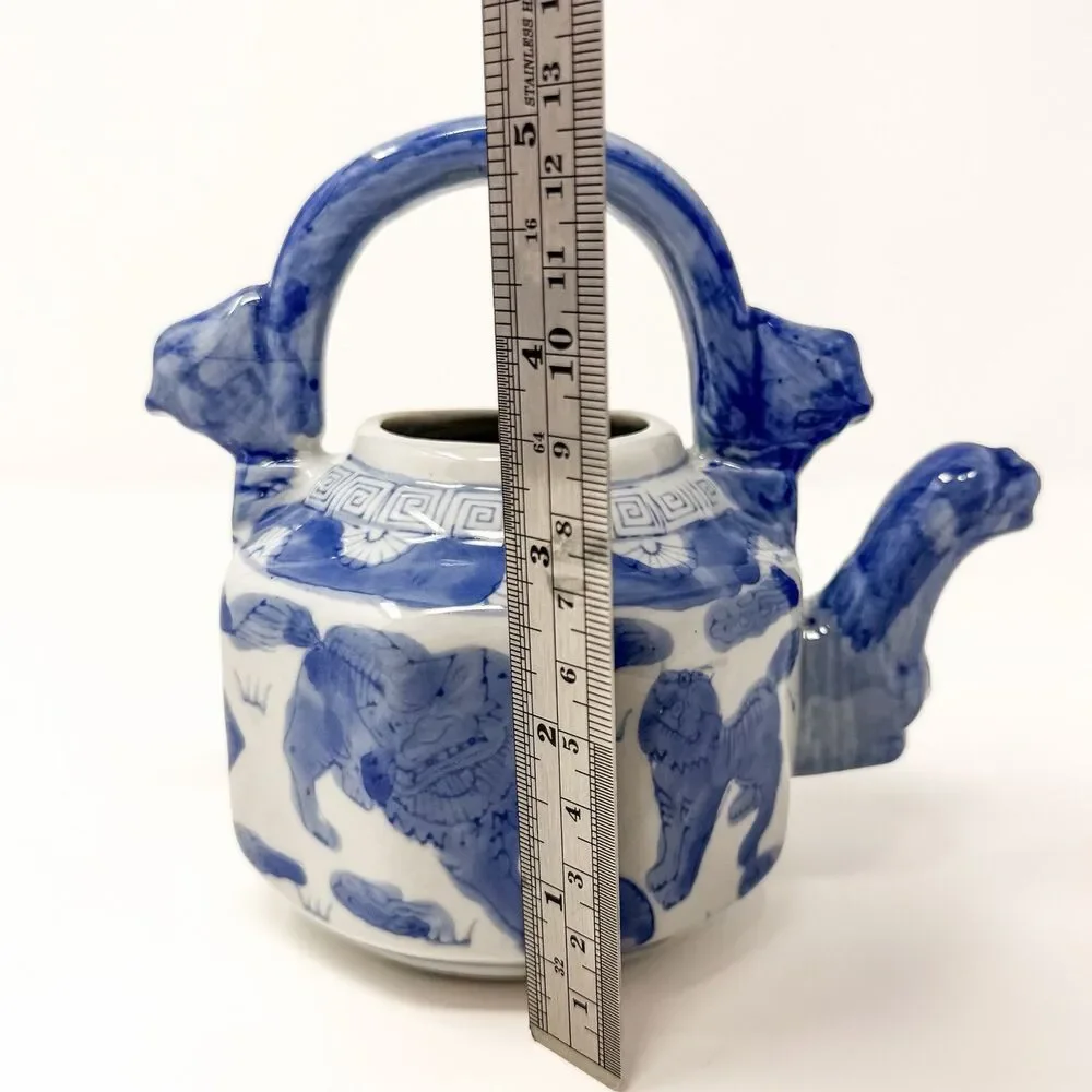 Blue White Foo Dog Porcelain Teapot Vase Chinese Guardian Lion Decor Planter